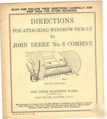 1937 john deere no.6 combine windrow pick-up manual