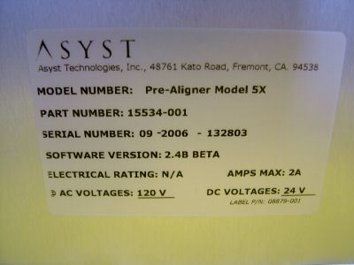 Asyst 300MM wafer prealigner model 5X 15534-001