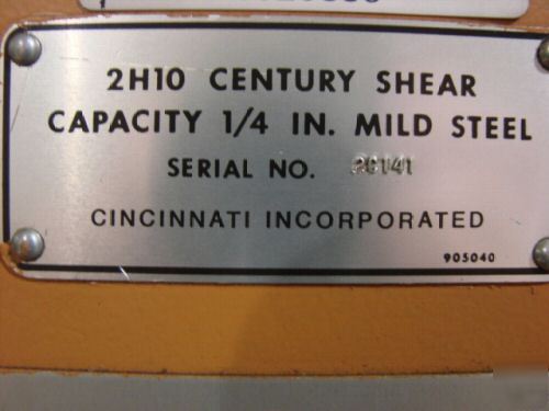 Cincinnati century 2H-10 hydraulic 10' x 1/4