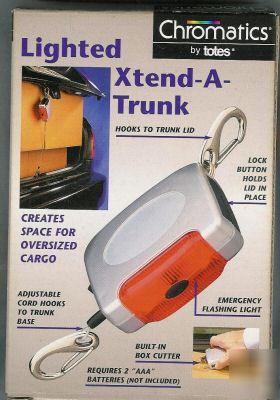 Lighted xtend-a-trunk~hooks to trunk lid~locks in place