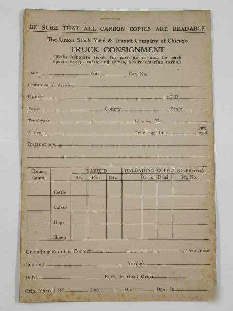 Ca 1940 chicago union stockyards truck consignment form