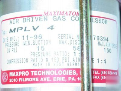 Maxpro maximator air driven gas compressor MPLV4 mplv 4