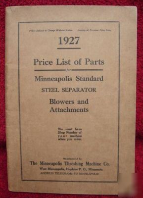 1927 minneapolis standard threshing machine price list