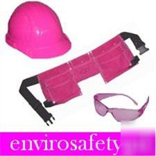 Pink hard hat & pink tool belt & safety glasses all