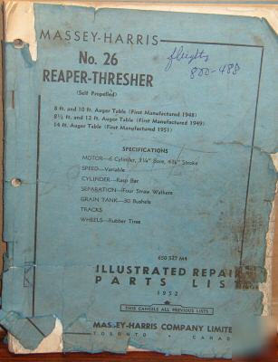 Massey harris no. 26 reaper thresher parts book