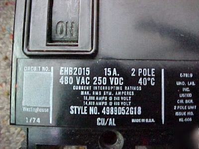 Westinghouse breaker 15A 2POLE EHB2015 480VAC