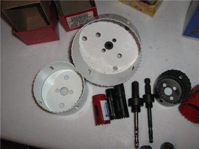 Lot of lenox hole saw & wood drill bits & mandrel arbor