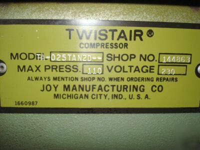 Joy twistair rotary screw air compressor, 25 hp