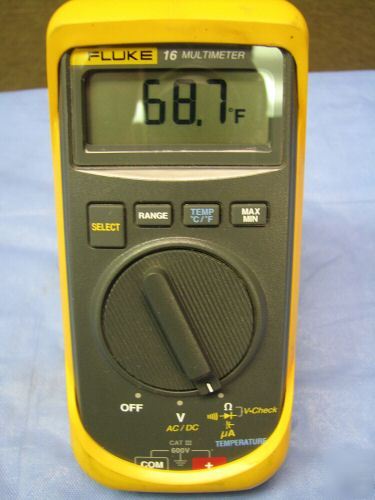 Fluke 16 multimeter w/temp. probe, 2 sets of leads 