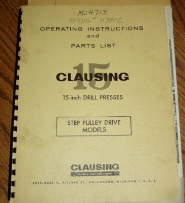 Clausing 15 inch drill step pulley ops & parts manual