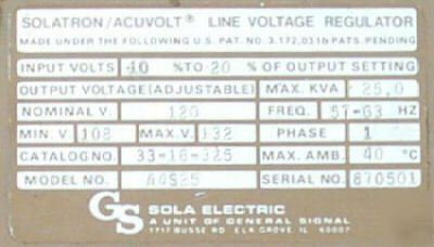 Sola 25 kva isolation transformer 120VAC 1 ph